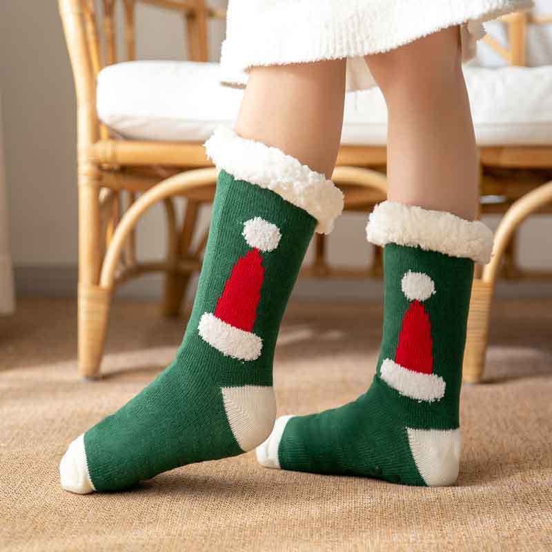 Christmas Socks Plush Coral Fleece Winter Home Floor Socks Green Slipper Socks - Santa Hat-MyFaceSocksAu