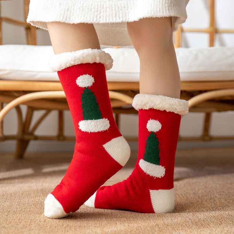 Christmas Socks Plush Coral Fleece Winter Home Floor Socks Red Slipper Socks - Santa Hat - MyFaceSocksAu