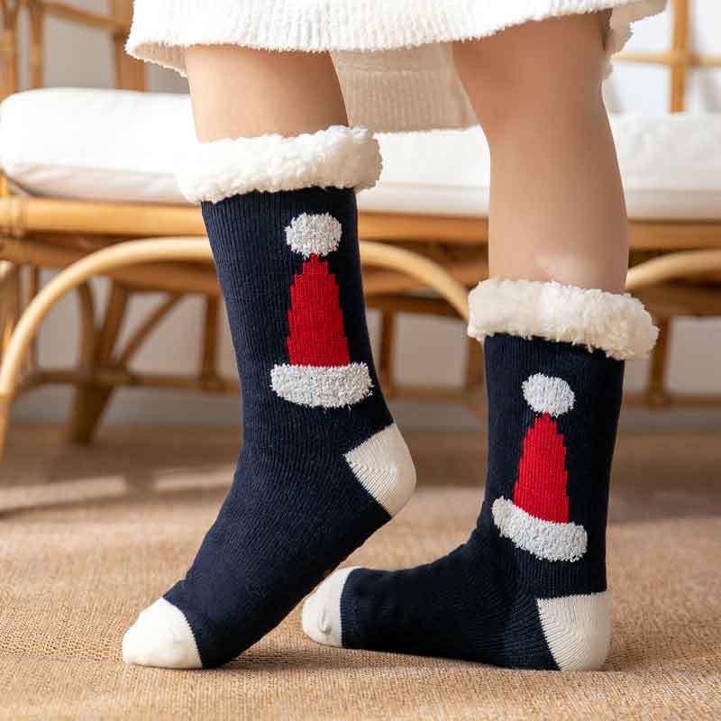 Christmas Socks Plush Coral Fleece Winter Home Floor Socks Navy Blue Slipper Socks - Christmas Hat - MyFaceSocksAu