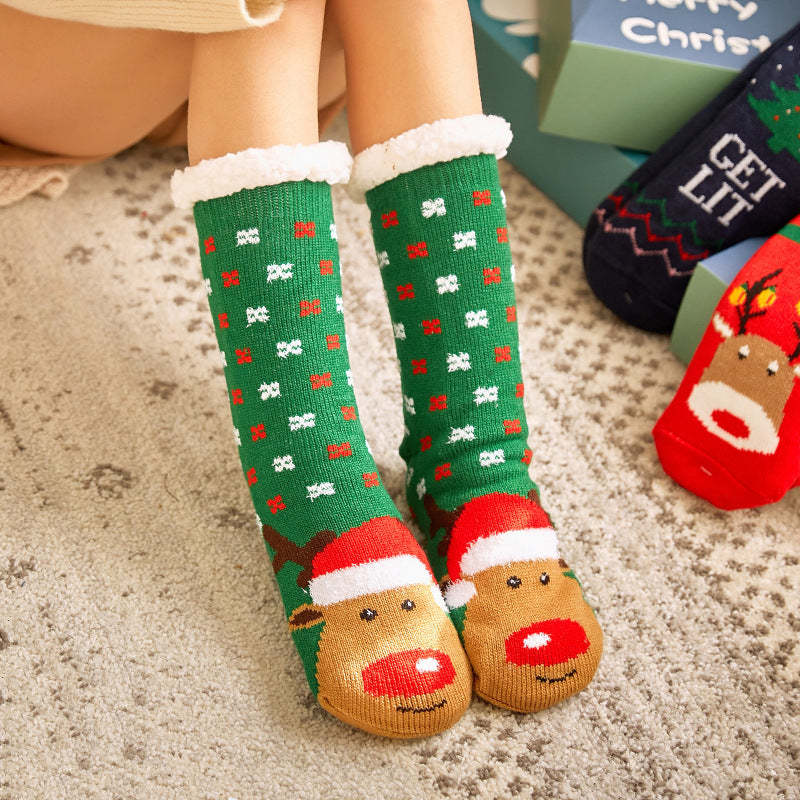 Christmas Socks Plush Coral Fleece Winter Home Floor Socks Green Slipper Socks - Elk - MyFaceSocksAu