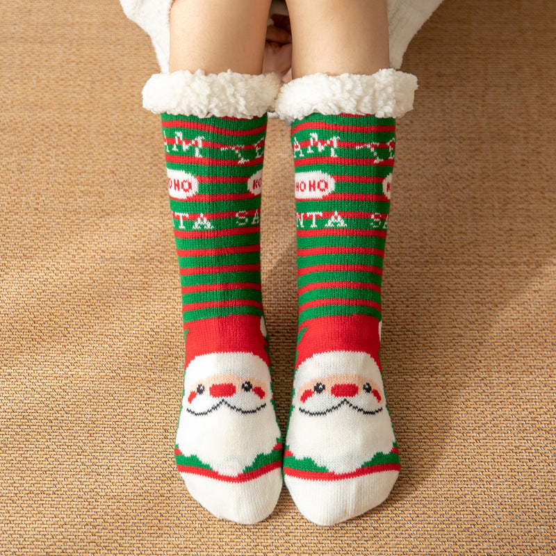 Christmas Socks Plush Coral Fleece Winter Home Floor Socks Green Striped Slipper Socks - Santa Claus - MyFaceSocksAu