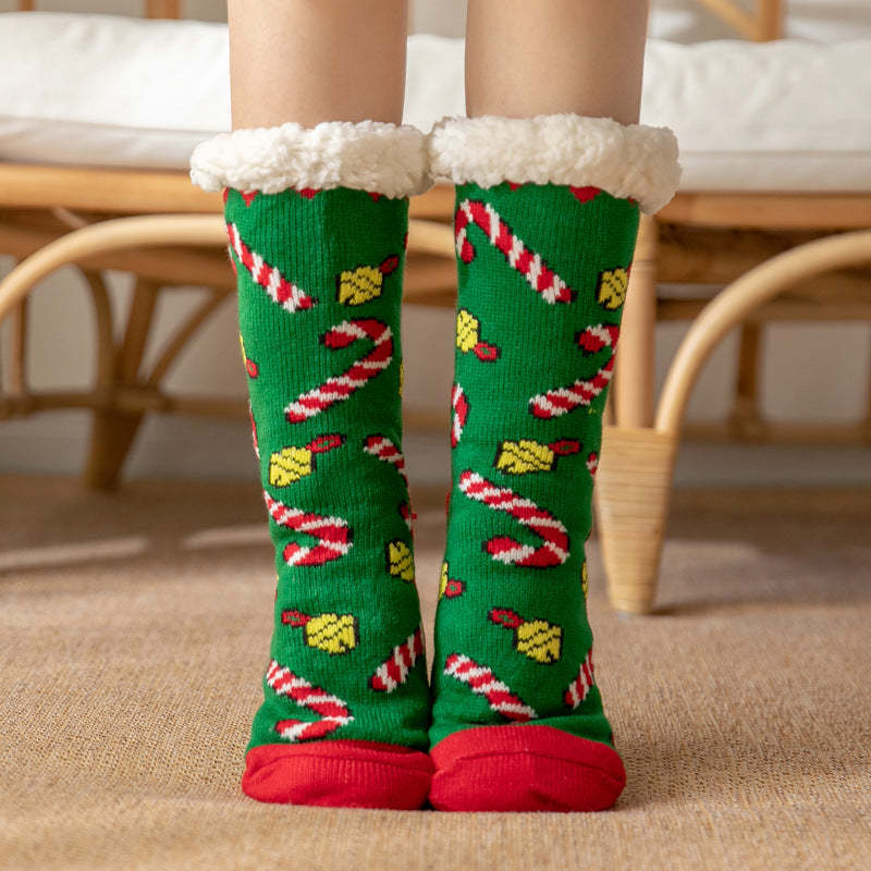 Christmas Socks Plush Coral Fleece Winter Home Floor Socks Green Slipper Socks - Bell - MyFaceSocksAu