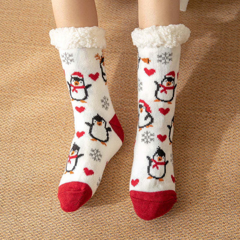 Christmas Socks Plush Coral Fleece Winter Home Floor Socks White Slipper Socks - Penguin - MyFaceSocksAu