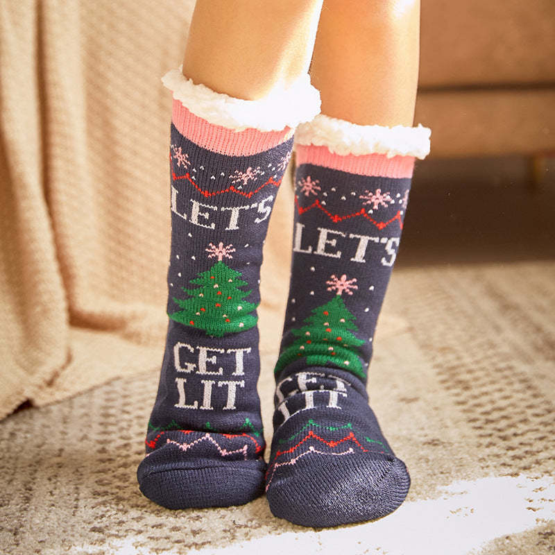 Christmas Socks Plush Coral Fleece Winter Home Floor Socks Blue Slipper Socks - Christmas Tree - MyFaceSocksAu