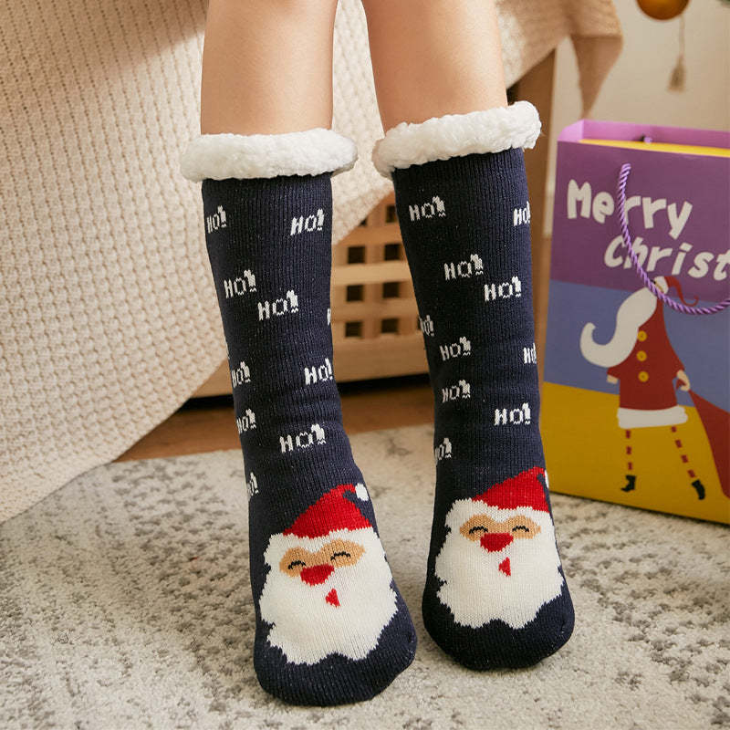 Christmas Socks Plush Coral Fleece Winter Home Floor Socks Navy Blue Slipper Socks - Santa Claus - MyFaceSocksAu