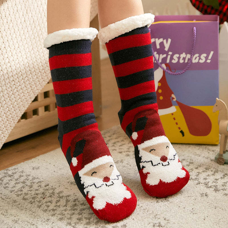 Christmas Socks Plush Coral Fleece Winter Home Floor Socks Red Stripes Slipper Socks - Santa Claus in Hat - MyFaceSocksAu