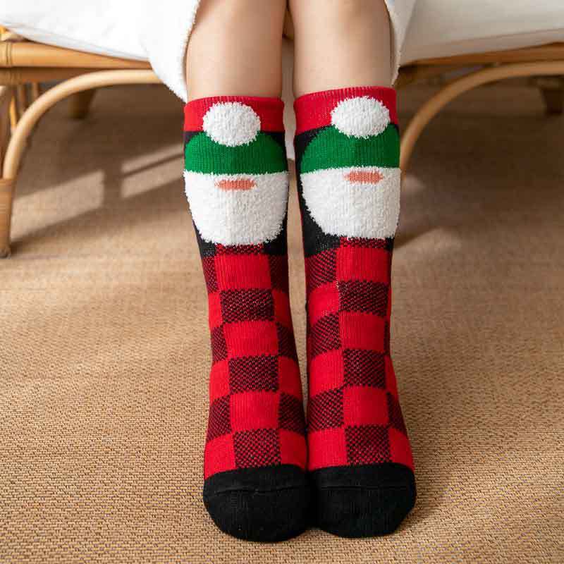 Christmas Socks Plush Coral Fleece Winter Home Floor Socks Red Plaid Slipper Socks - Santa Claus - MyFaceSocksAu