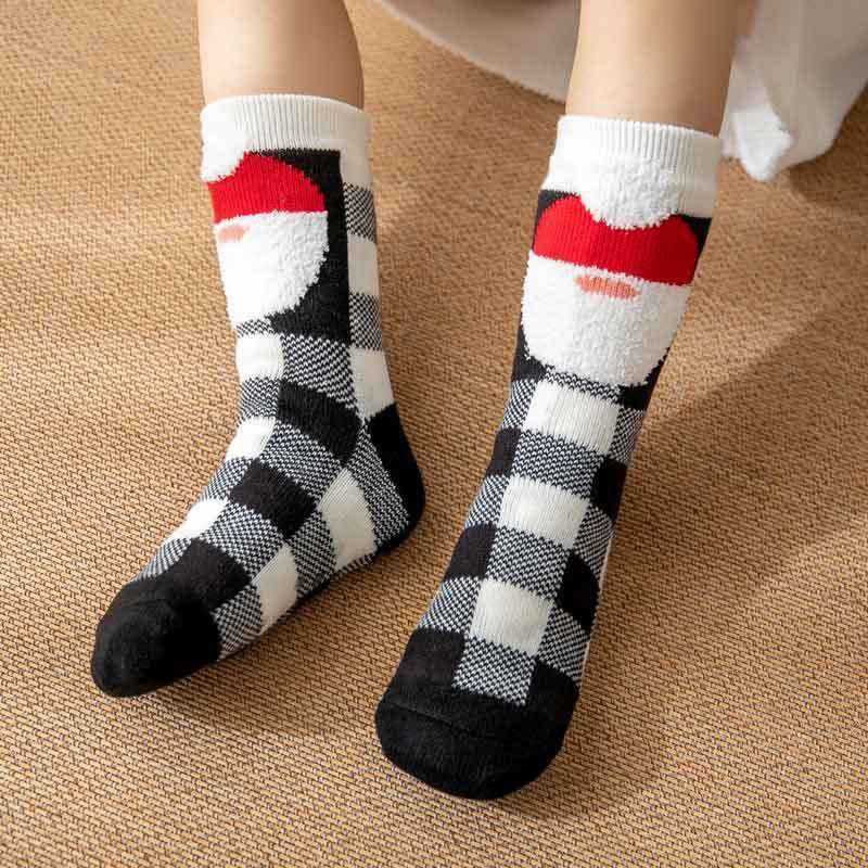 Christmas Socks Plush Coral Fleece Winter Home Floor Socks Black Plaid Slipper Socks - Santa Claus - MyFaceSocksAu
