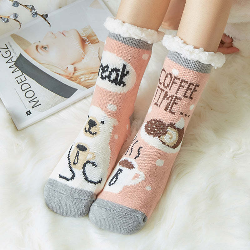 Christmas Socks Plush Coral Fleece Winter Home Floor Socks Black Plaid Slipper Socks - Polar Bear - MyFaceSocksAu