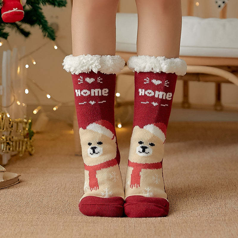 Christmas Socks Plush Coral Fleece Winter Home Floor Socks Red Slipper Socks - Scarf Bear - MyFaceSocksAu