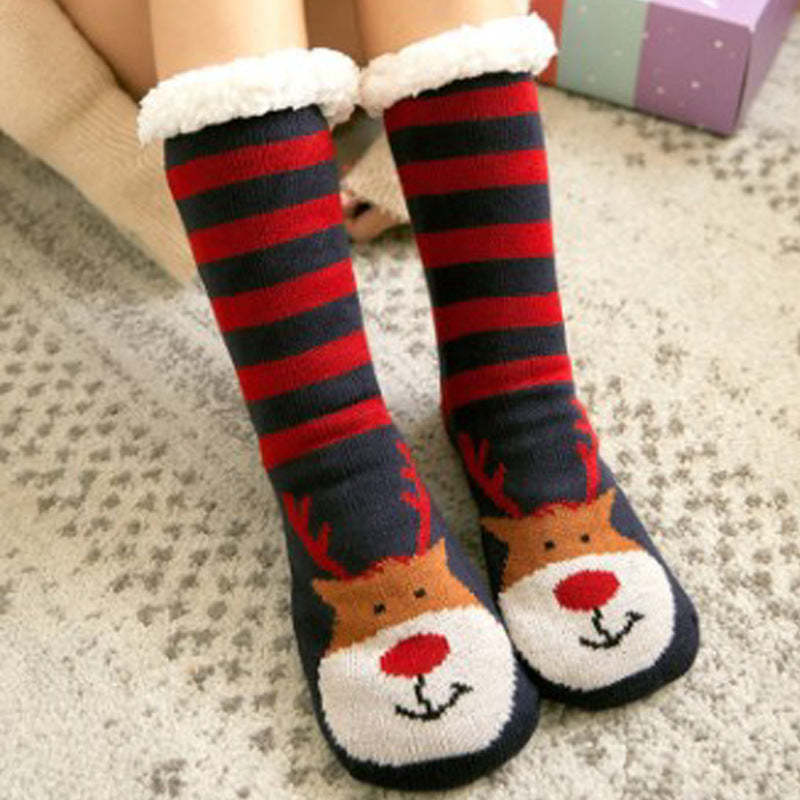 Christmas Socks Plush Coral Fleece Winter Home Floor Socks Red and Blue Slipper Socks - Elk-MyFaceSocksAu