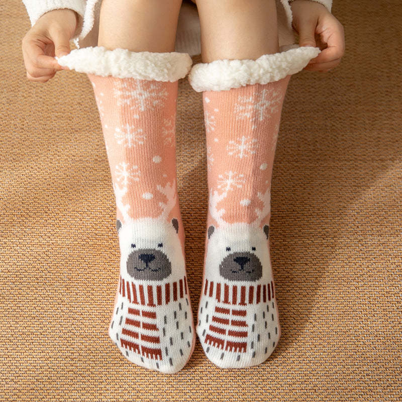 Christmas Socks Plush Coral Fleece Winter Home Floor Socks Light Pink Slipper Socks - Snow Bear - MyFaceSocksAu