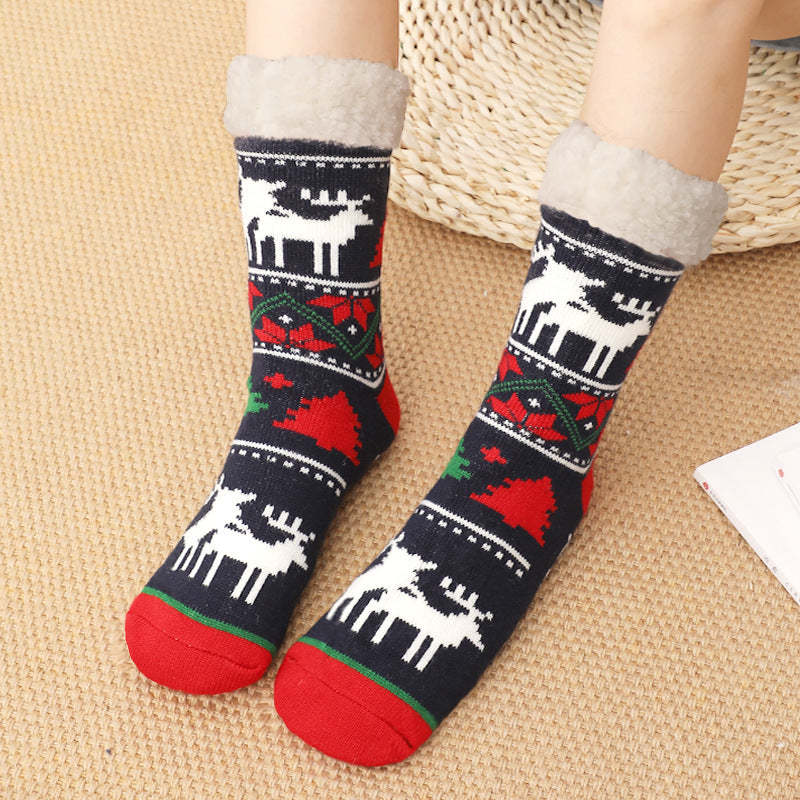 Christmas Socks Plush Coral Fleece Winter Home Floor Socks Black and Red Slipper Socks - Little Deer - MyFaceSocksAu