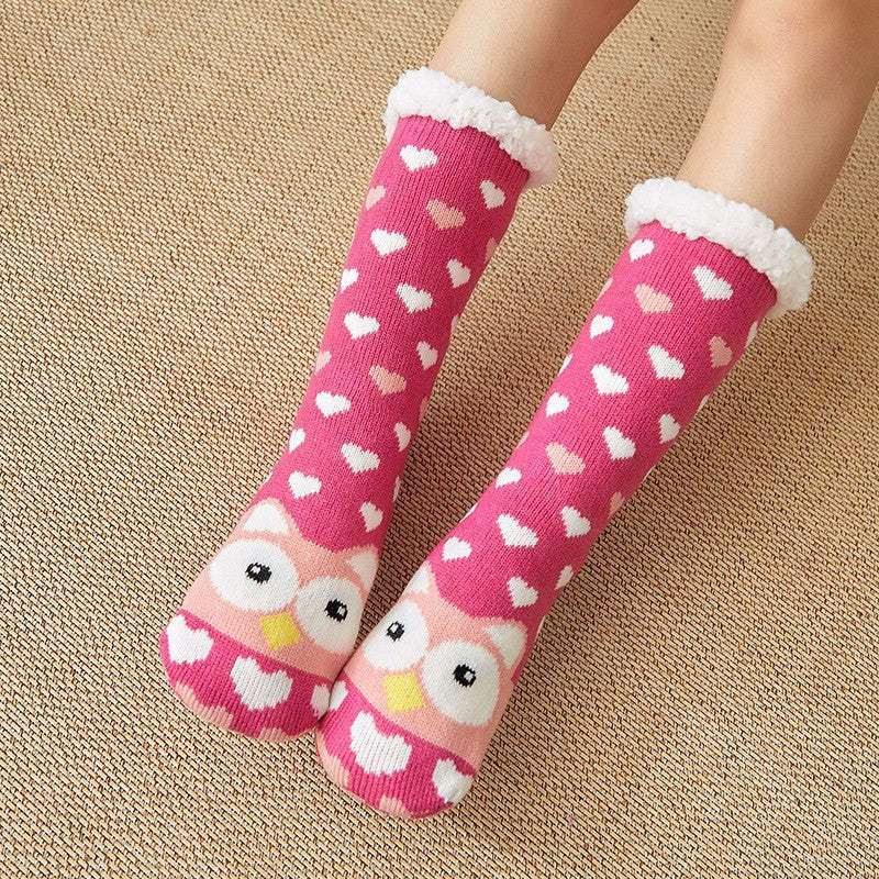Christmas Socks Plush Coral Fleece Winter Home Floor Socks Rose Red Slipper Socks - Owl - MyFaceSocksAu