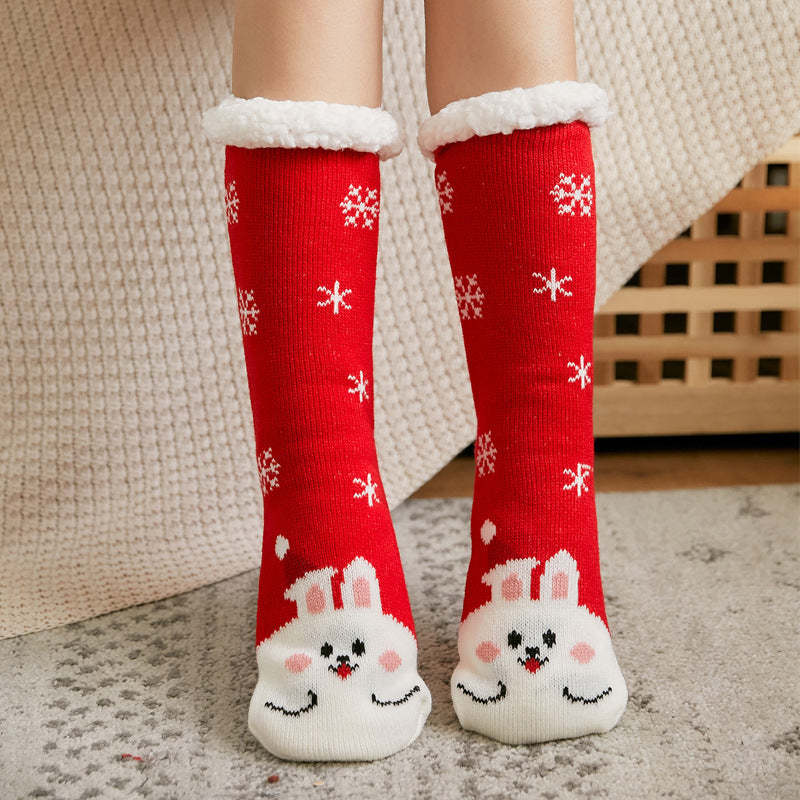 Christmas Socks Plush Coral Fleece Winter Home Floor Socks Red Slipper Socks - Rabbit - MyFaceSocksAu