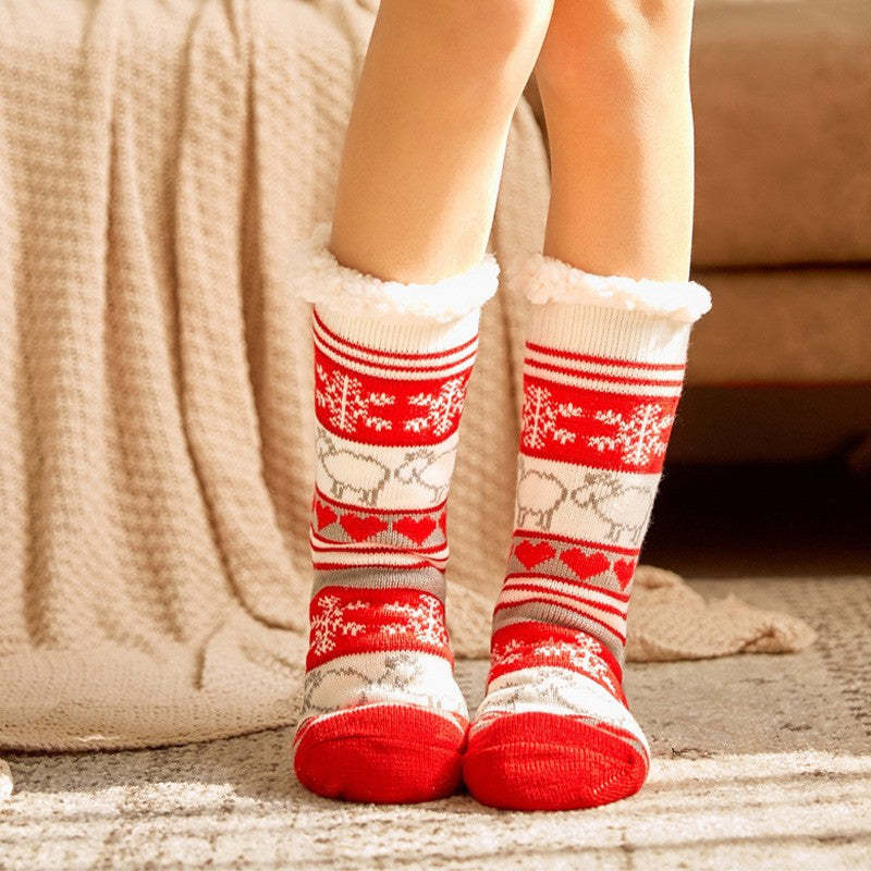 Christmas Socks Plush Coral Fleece Winter Home Floor Socks Red Slipper Socks - Snowflake Sheep - MyFaceSocksAu