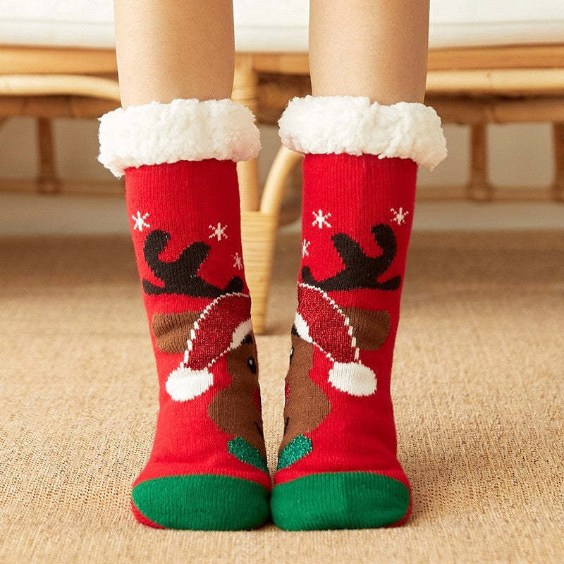 Christmas Socks Plush Coral Fleece Winter Home Floor Socks Red Slipper Socks - Deer - MyFaceSocksAu
