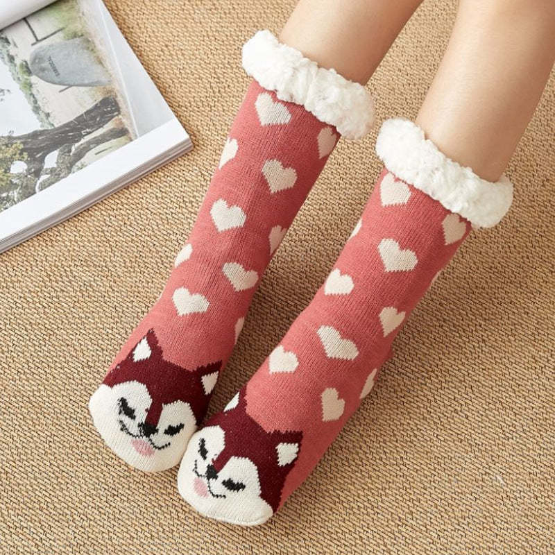 Christmas Socks Plush Coral Fleece Winter Home Floor Socks Pink Slipper Socks - Loving Puppy - MyFaceSocksAu