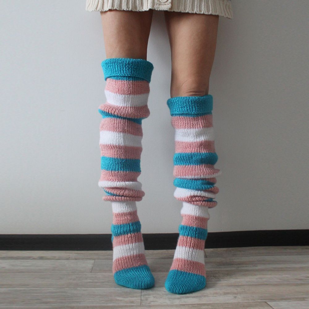 Women Winter Leg Warmers Striped Over The Knee Knitted Pile Socks - MyFaceSocksAu