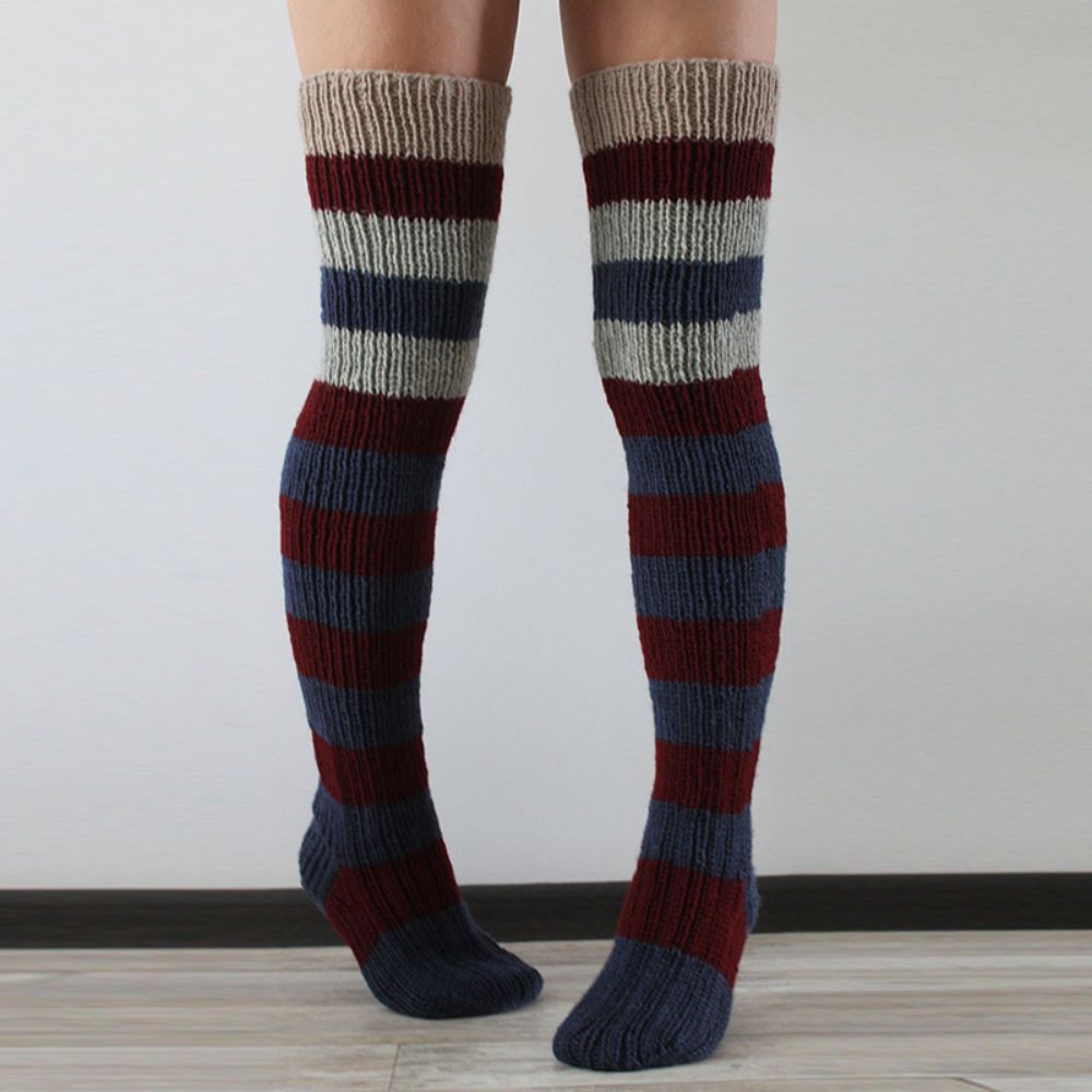 Women Winter Leg Warmers Striped Over The Knee Knitted Pile Socks - MyFaceSocksAu