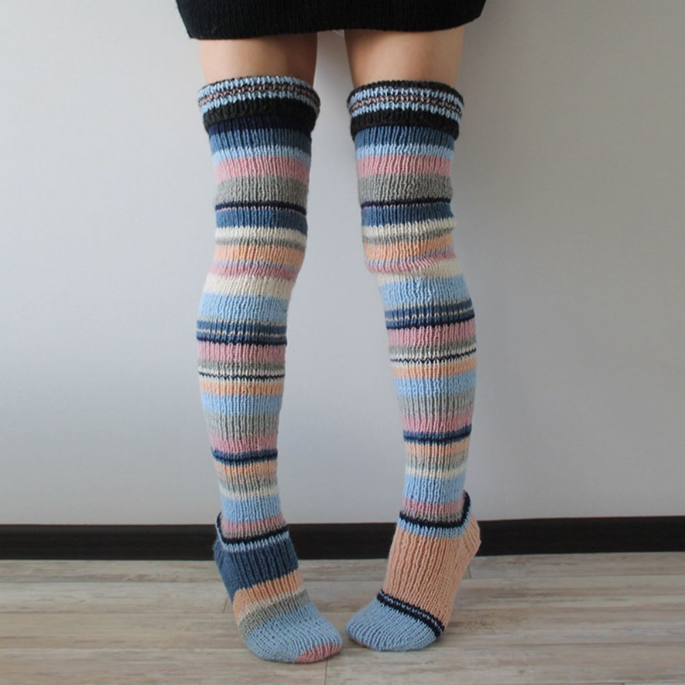 Women Winter Leg Warmers Striped Over The Knee Knitted Pile Socks - MyFaceSocksAu