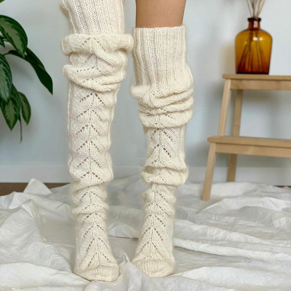 Winter Solid Color Hollow Mesh Long Tube Over The Knee Pile Socks Womens Knitted Socks - MyFaceSocksAu