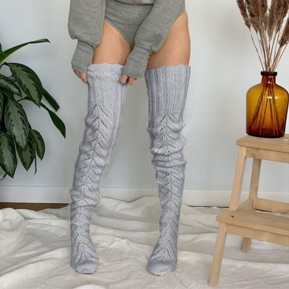 Winter Solid Color Hollow Mesh Long Tube Over The Knee Pile Socks Womens Knitted Socks - MyFaceSocksAu