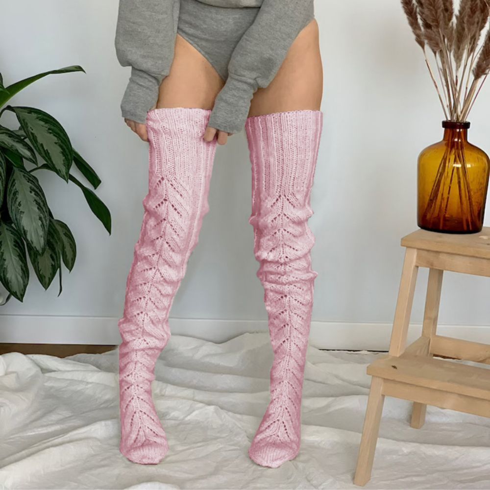 Winter Solid Color Hollow Mesh Long Tube Over The Knee Pile Socks Womens Knitted Socks - MyFaceSocksAu