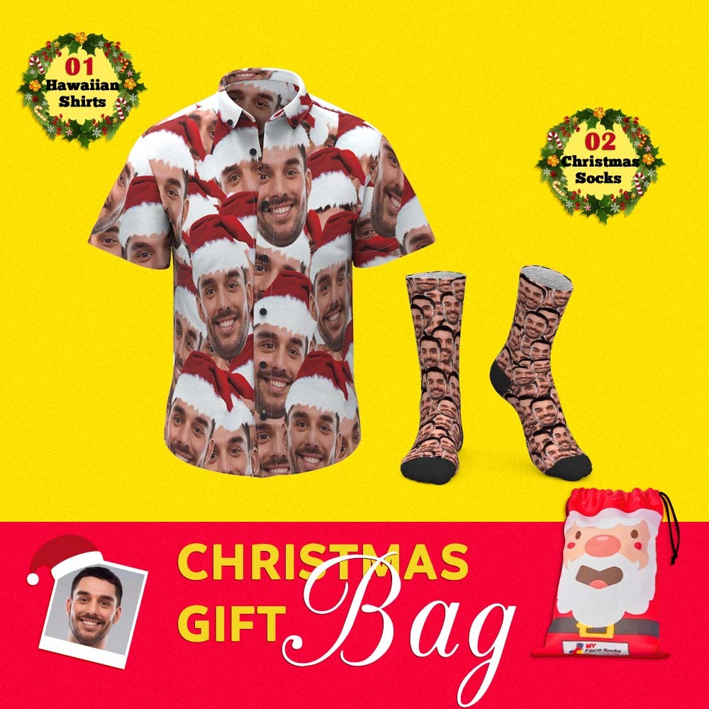 Christmas Gift Bags Custom Face Hawaiian Shirts And Socks Set For Him