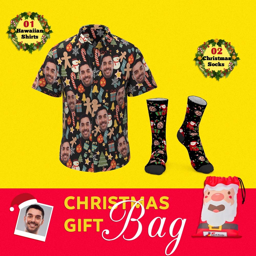 Christmas Gift Bags Custom Face Hawaiian Shirts And Socks Set For Him