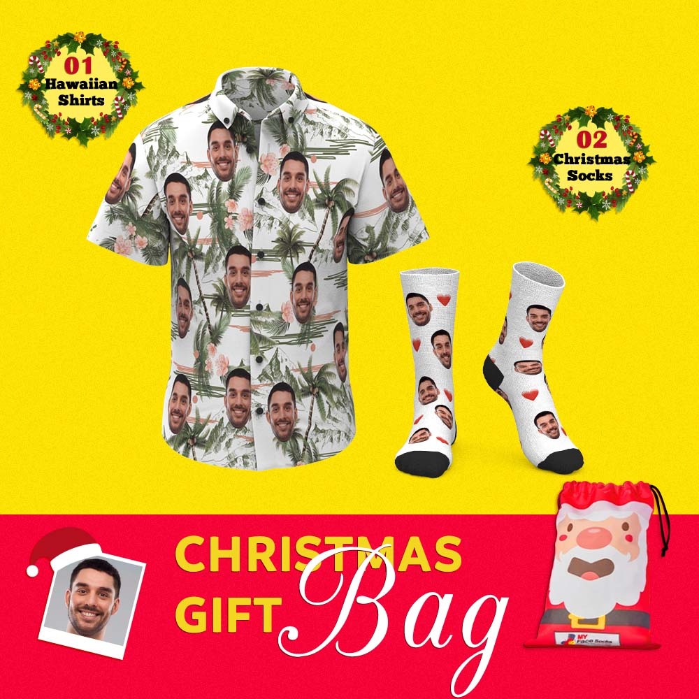 Christmas Gift Bags Custom Face Hawaiian Shirts And Socks Set For Him 