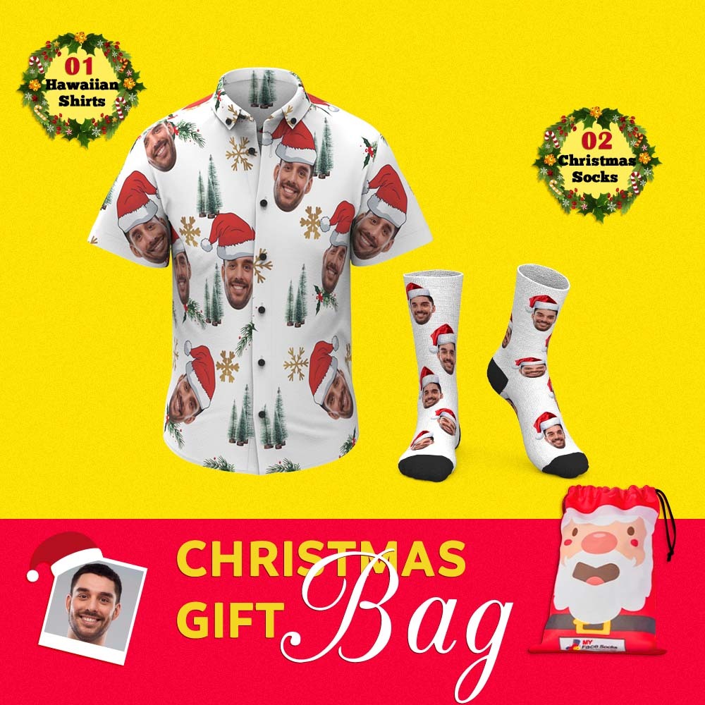 Christmas Gift Bags Custom Face Hawaiian Shirts And Socks Set For Him 