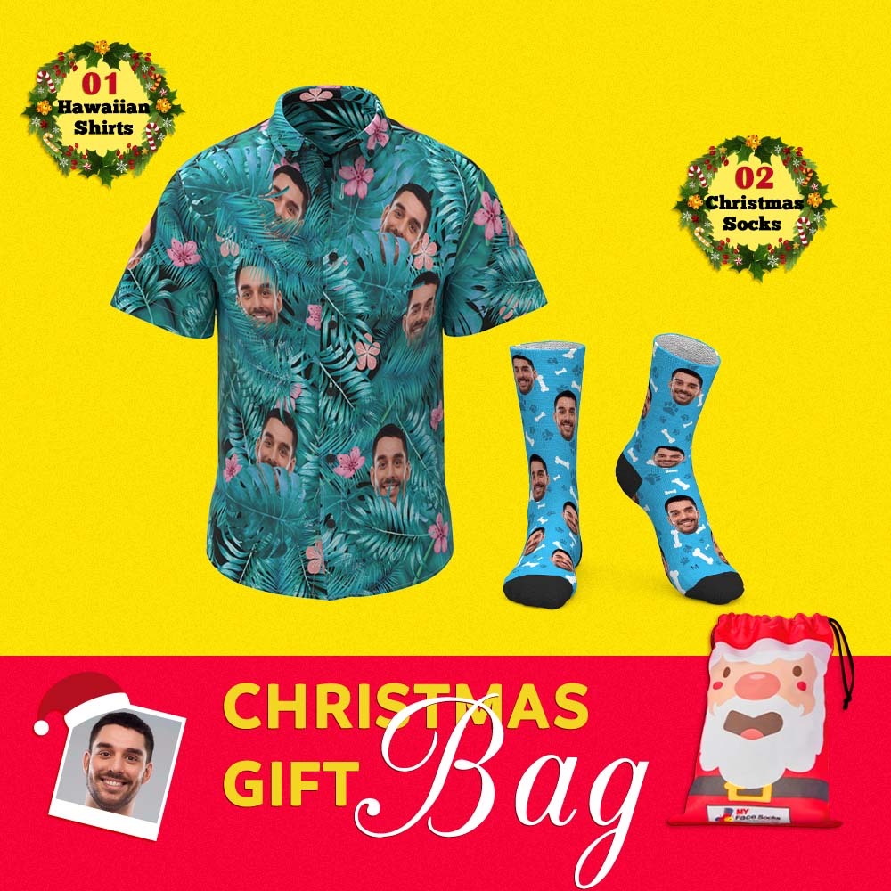 Christmas Gift Bags Custom Face Hawaiian Shirts And Socks Set For Him