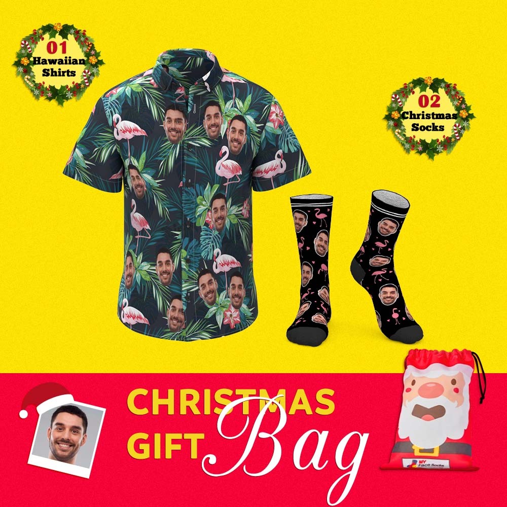 Christmas Gift Bags Custom Face Hawaiian Shirts And Socks Set For Him 