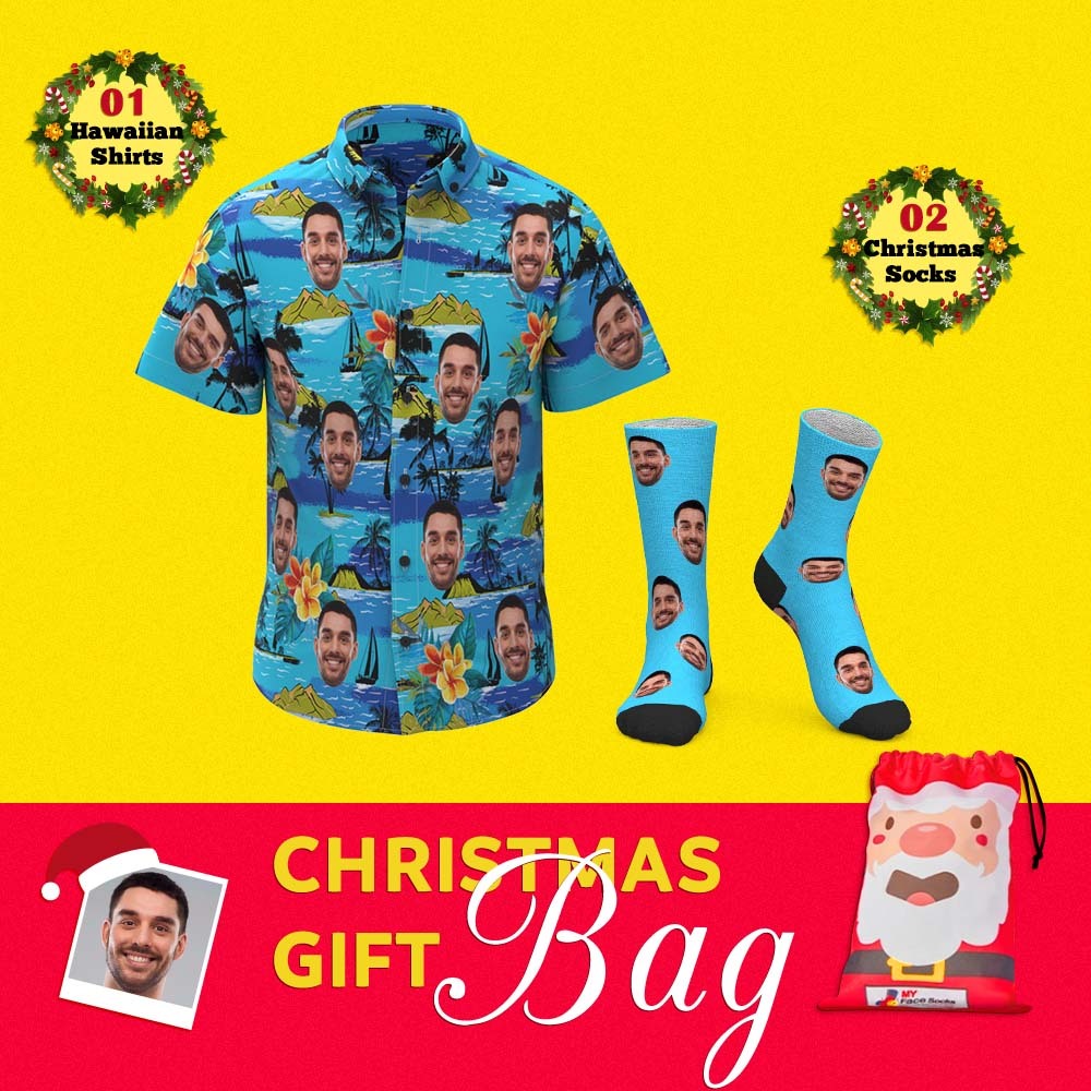 Christmas Gift Bags Custom Face Hawaiian Shirts And Socks Set For Him 