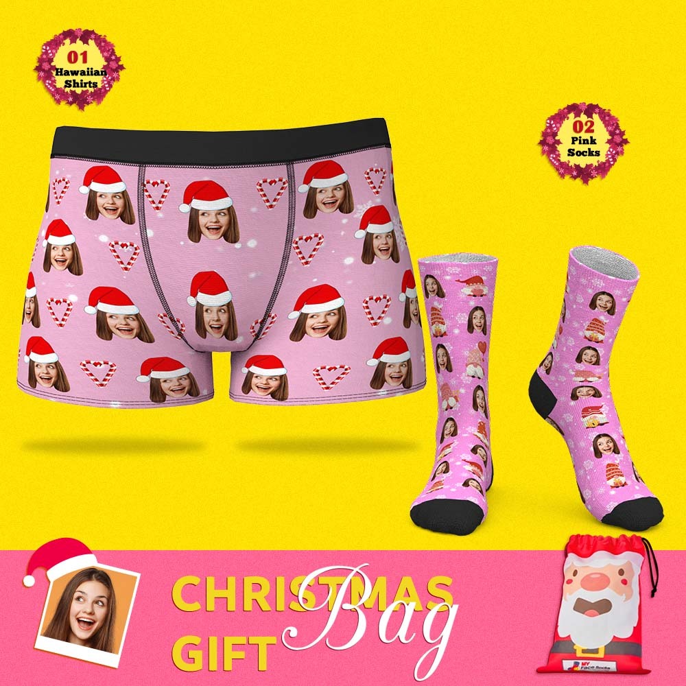 Christmas Gift Bags Custom Face Boxer Shorts And Socks Set For Him Pink Xmas - MyFaceSocksAu