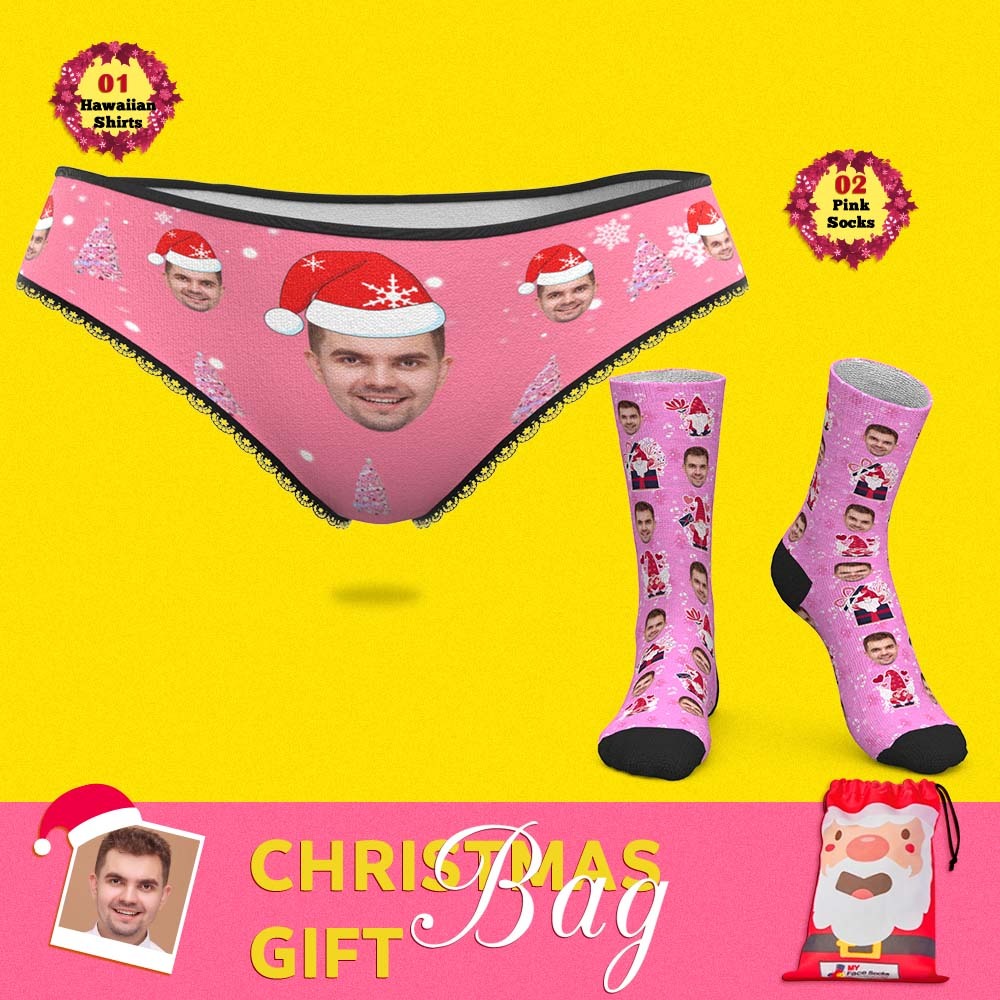 Christmas Gift Bags Custom Face Panties And Socks Set For Her Pink Christmas - MyFaceSocksAu