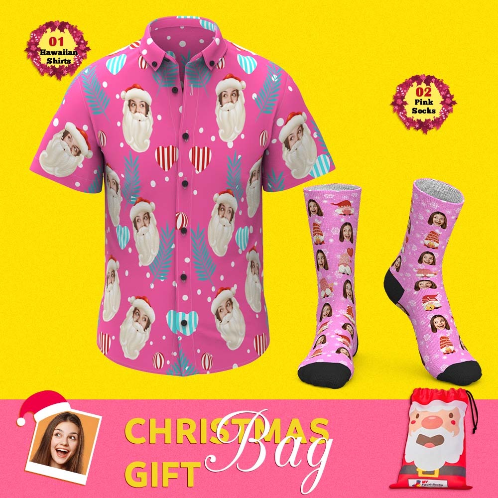 Christmas Gift Bags Custom Face Hawaiian Shirts And Socks Set For Him Pink Xmas - MyFaceSocksAu