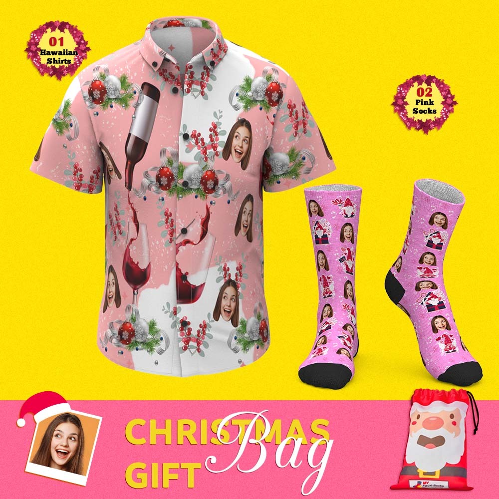 Christmas Gift Bags Custom Face Hawaiian Shirts And Socks Set For Him Pink Christmas - MyFaceSocksAu