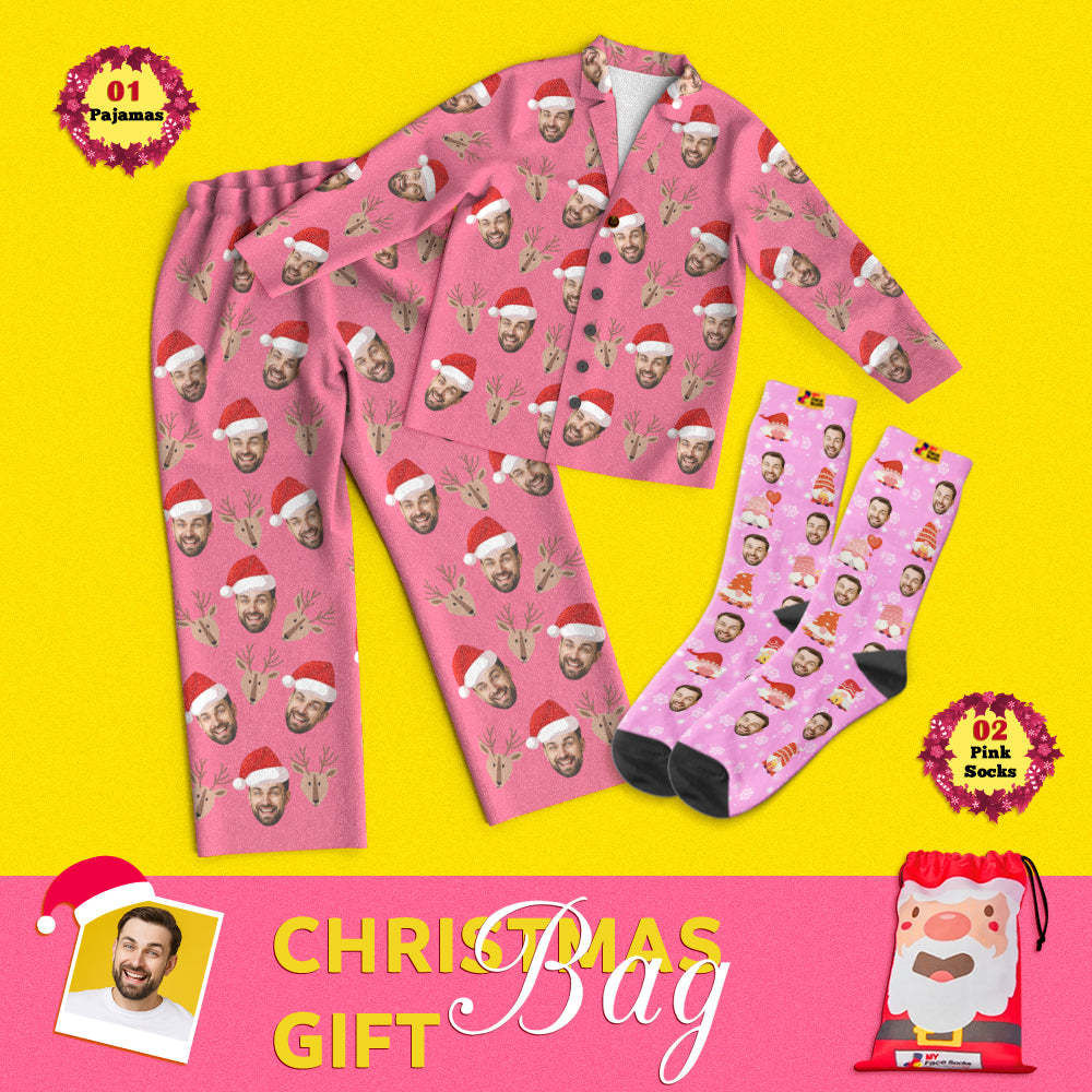 Christmas Gift Bags Custom Face Pajamas And Socks Set Pink Xmas - MyFaceSocksAu