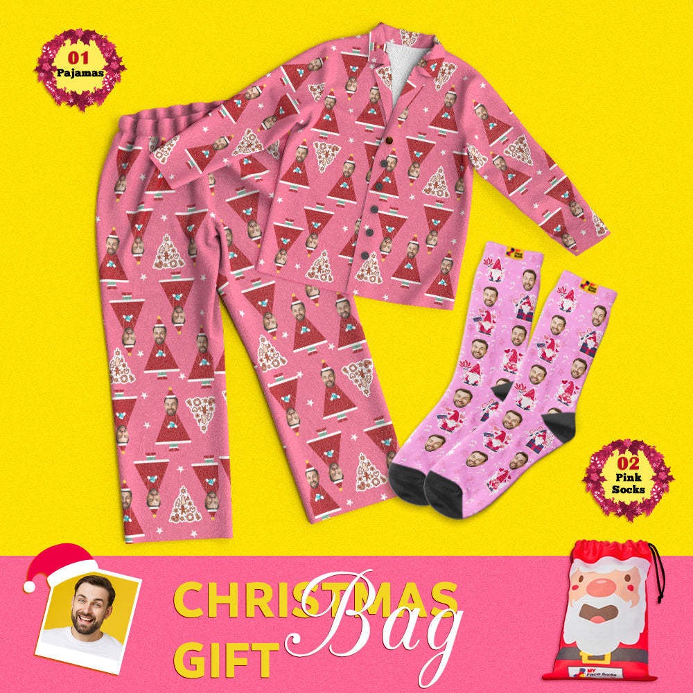 Christmas Gift Bags Custom Face Pajamas And Socks Set Pink Christmas - MyFaceSocksAu