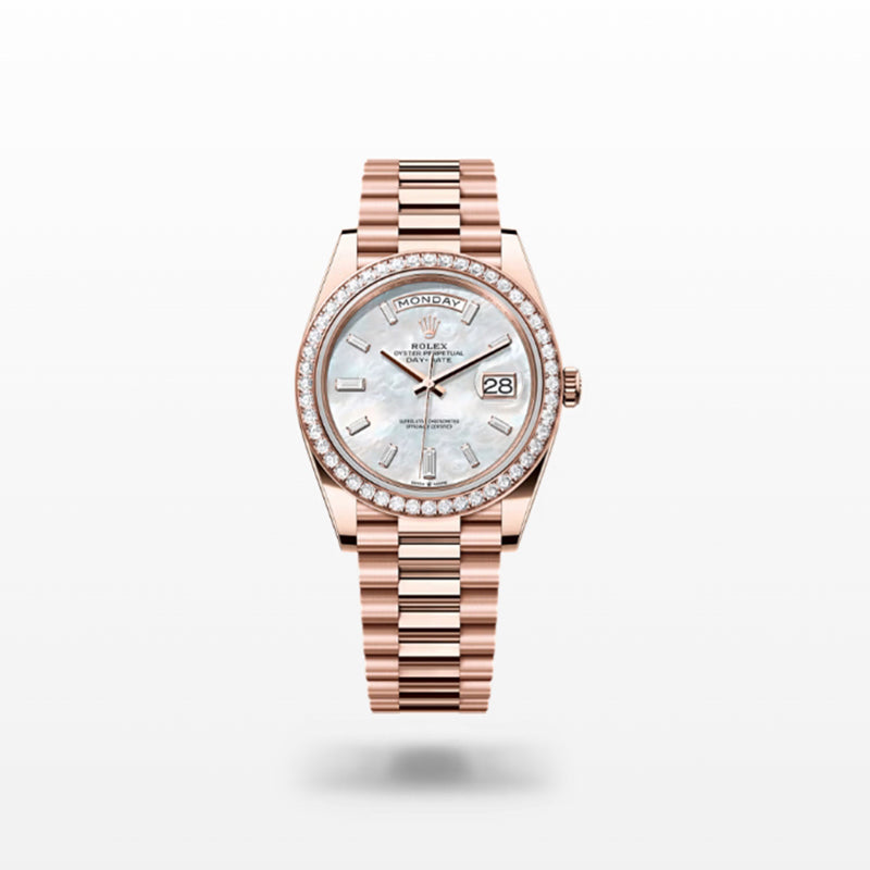 ROLEX   デイデイト 40、ダイヤモンド入りホワイトマザーオブパール、オイスター、40 MM、エバーローズゴールド、ダイヤモンドM228345RBR-0026-最安値に挑戦中!!!