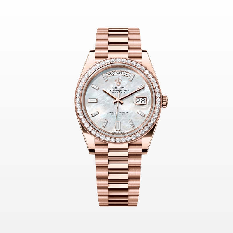 ROLEX   デイデイト 40、ダイヤモンド入りホワイトマザーオブパール、オイスター、40 MM、エバーローズゴールド、ダイヤモンドM228345RBR-0026-最安値に挑戦中!!!