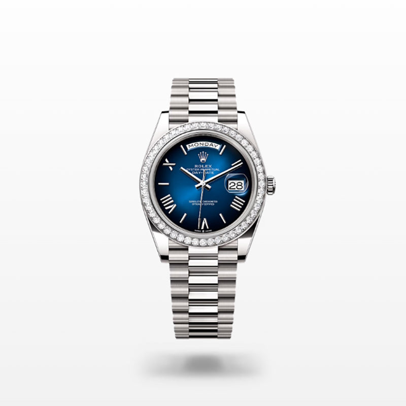 ROLEX   デイデイト 40、ブルーオンブレ、オイスター、40 MM、ホワイトゴールド、ダイヤモンドM228349RBR-0045-最安値に挑戦中!!!