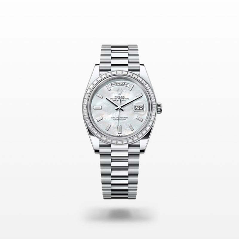 ROLEX   デイデイト 40、ダイヤモンド入りホワイトマザーオブパール、オイスター、40 MM、プラチナ、ダイヤモンドM228396TBR-0043-最安値に挑戦中!!!