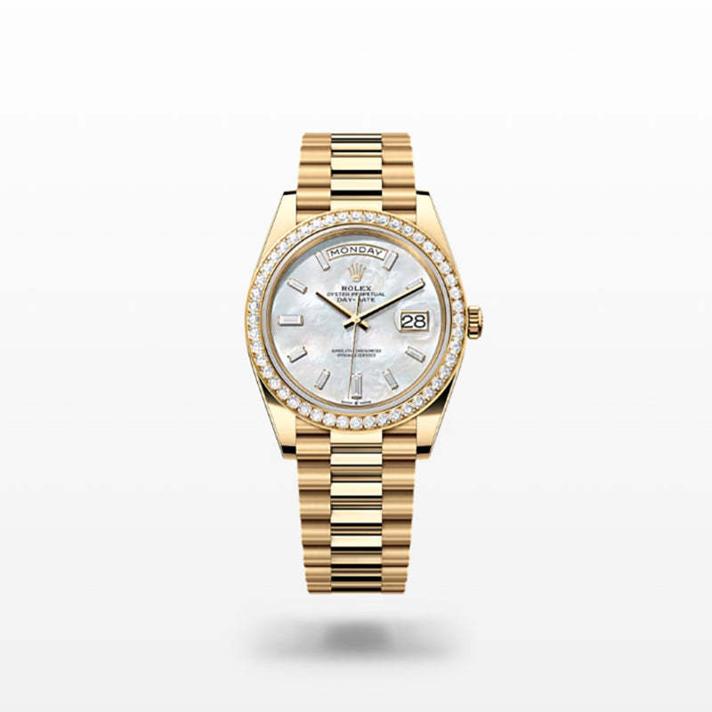 ROLEX   デイデイト 40、ダイヤモンド入りホワイトマザーオブパール、オイスター、40 MM、イエローゴールド、ダイヤモンドM228348RBR-0046-最安値に挑戦中!!!