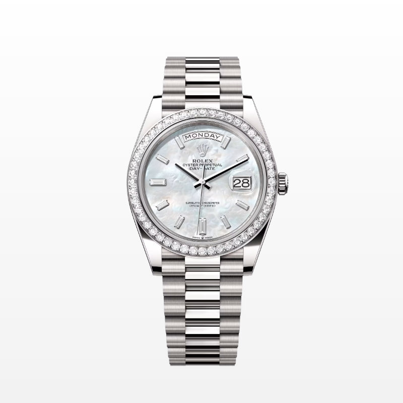 ROLEX   デイデイト 40、ダイヤモンド入りホワイトマザーオブパール、オイスター、40 MM、ホワイトゴールド、ダイヤモンドM228349RBR-0046-最安値に挑戦中!!!