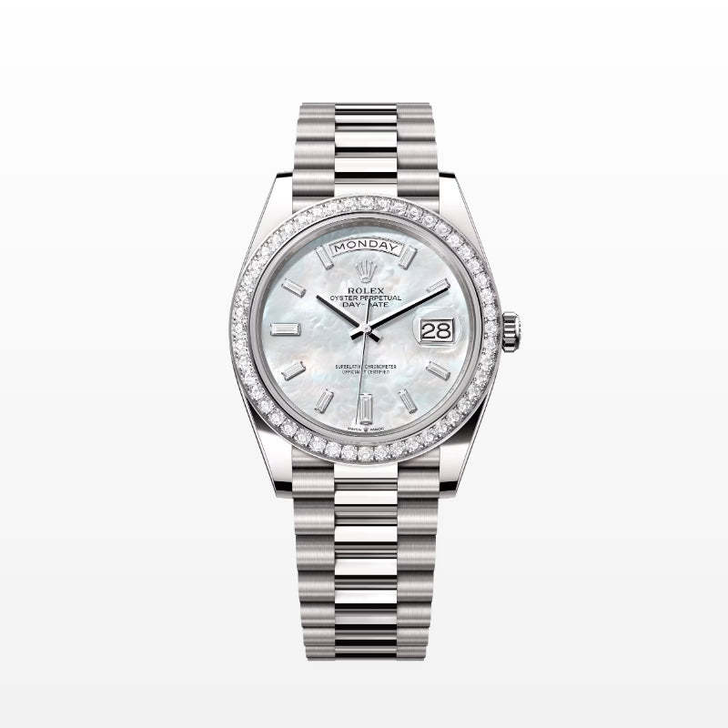 ROLEX   デイデイト 40、ダイヤモンド入りホワイトマザーオブパール、オイスター、40 MM、ホワイトゴールド、ダイヤモンドM228349RBR-0046-最安値に挑戦中!!!