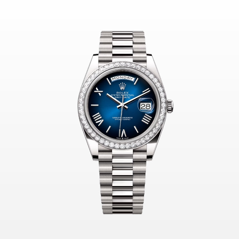 ROLEX   デイデイト 40、ブルーオンブレ、オイスター、40 MM、ホワイトゴールド、ダイヤモンドM228349RBR-0045-最安値に挑戦中!!!