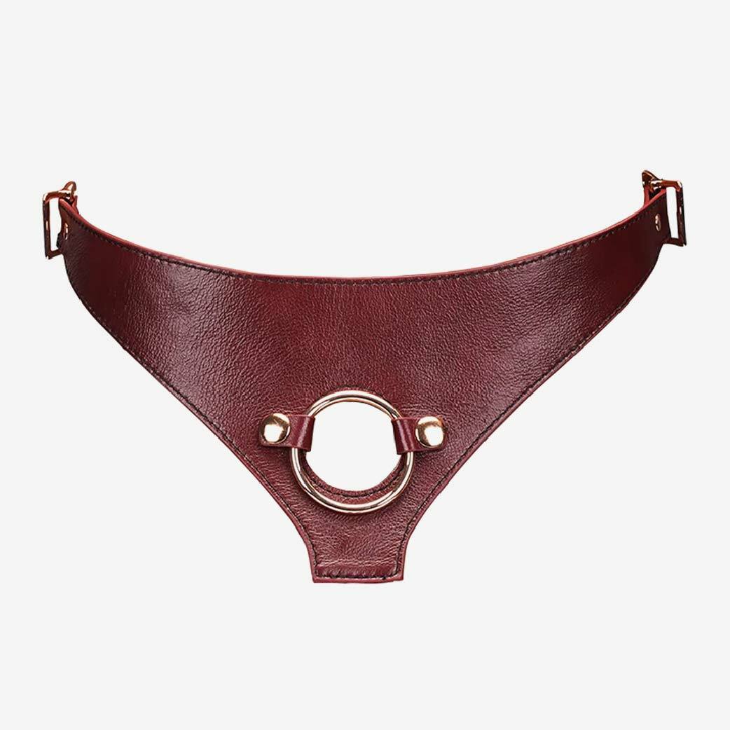 Liebe Seele Wine Red Deluxe 皮革穿戴式束帶，含1.5英寸O形環，完美兼容多種假陽具與振動器。